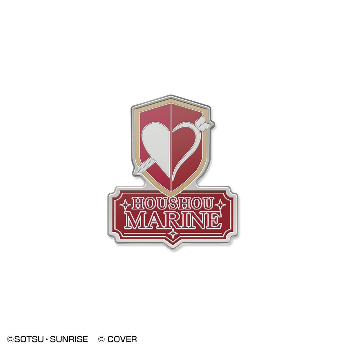 Houshou Marine emblem pin with a red shield crest and matching nameplate