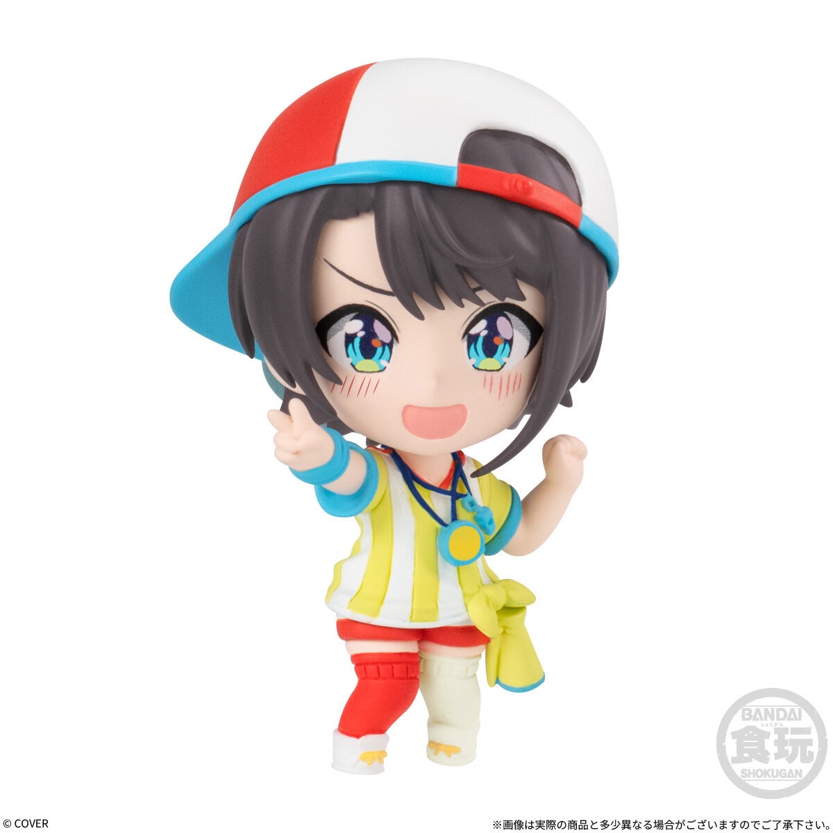 Oozora Subaru deformed mini figure giving a thumbs-up in her yellow and white sports top and backwards blue cap