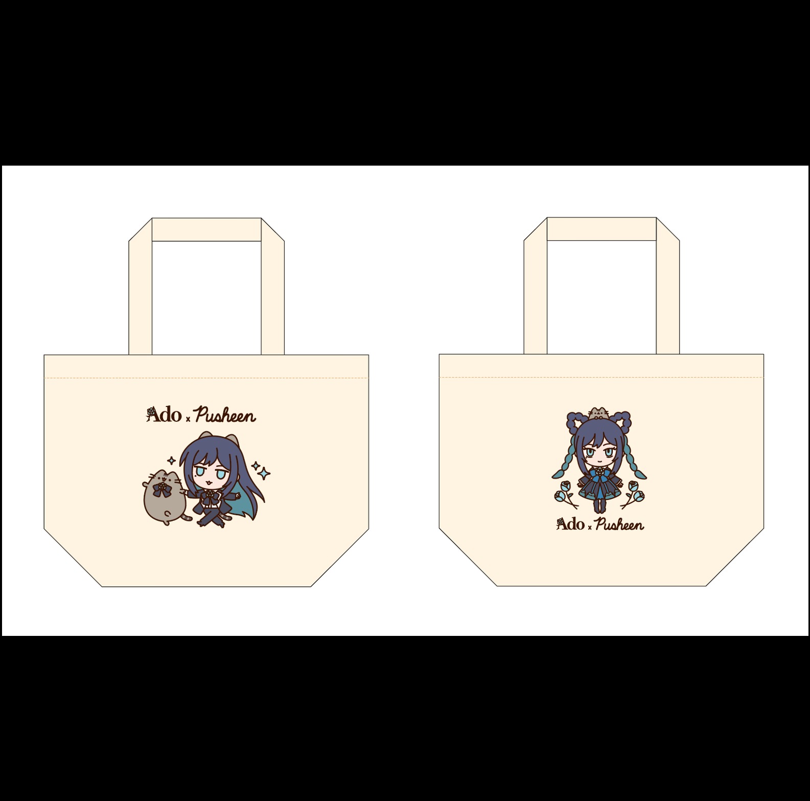 Two cream Ado x Pusheen mini tote bag designs showing chibi Ado with Pusheen