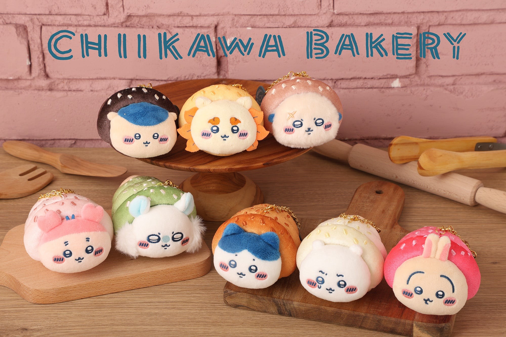 Group photo of the eight Chiikawa Bakery 2nd Anniversary Corone mascots