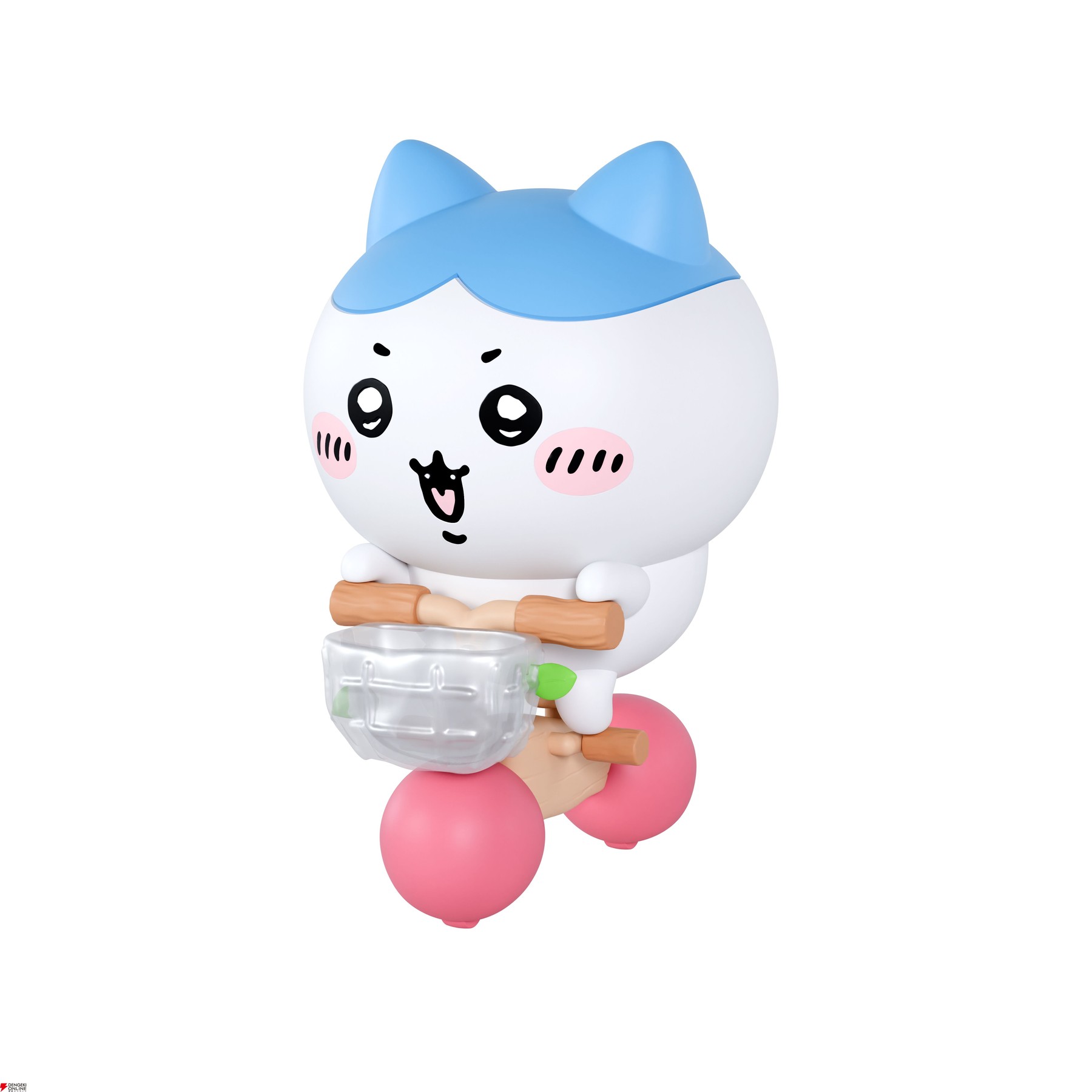 Chii-Pura Hachiware and Bicycle plastic kit showing a smiling Hachiware with blue ears on a bicycle with a clear basket and pink ball wheels