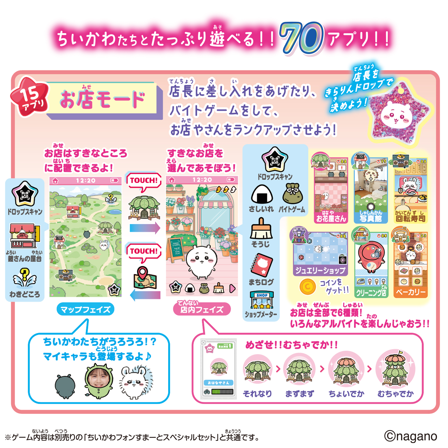 Shop Mode graphic showing six shop types, rank-up buildings and Kirarin Drop manager swap