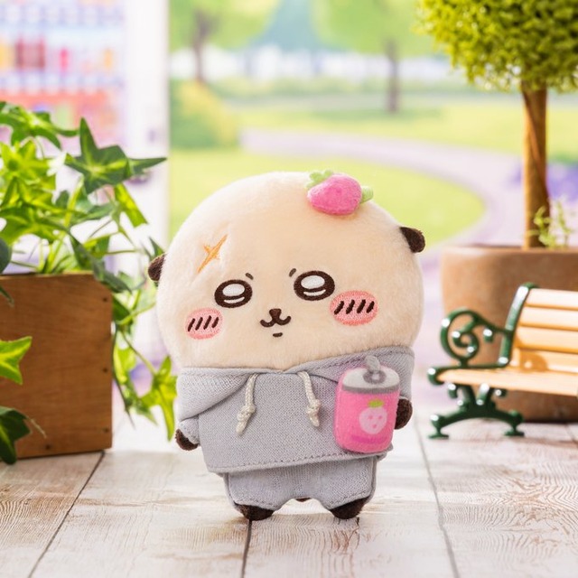 Sweatshirt-style Sea Otter (Rakko) mascot in grey hoodie with strawberry and drink can on a park bench set
