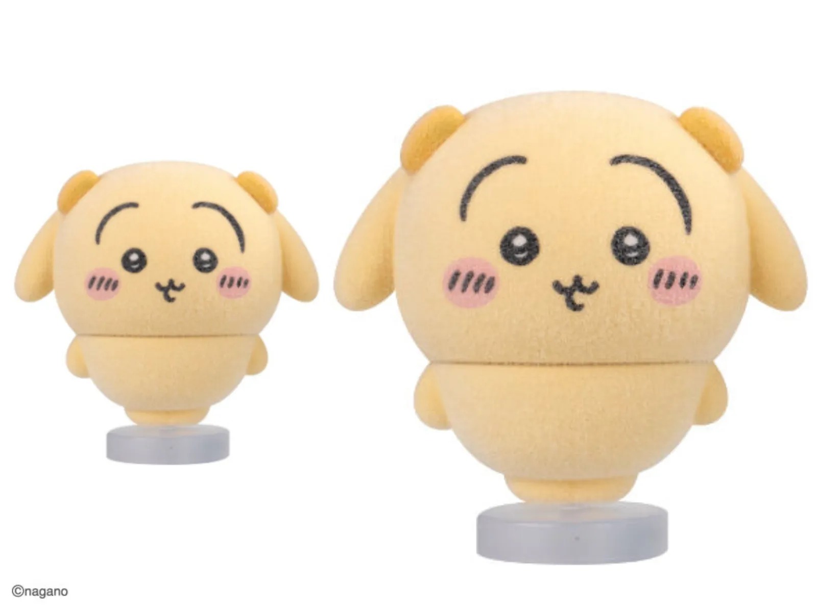 Usagi Fluffy Flocky Doll in pale yellow with long ears, shown on a clear base