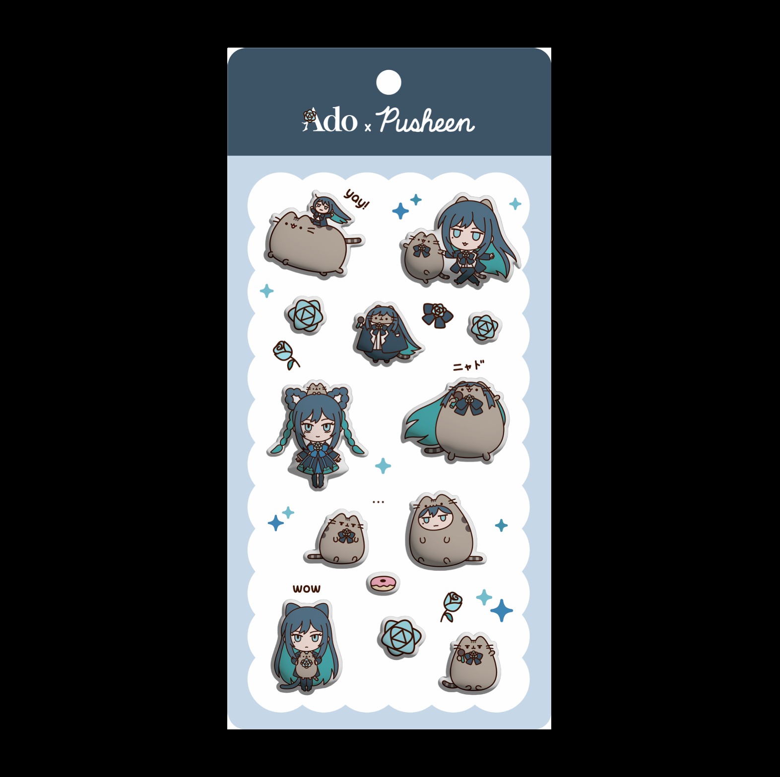 Ado x Pusheen sticker sheet artwork with Pusheen and chibi Ado in different poses, blue roses and a pink doughnut