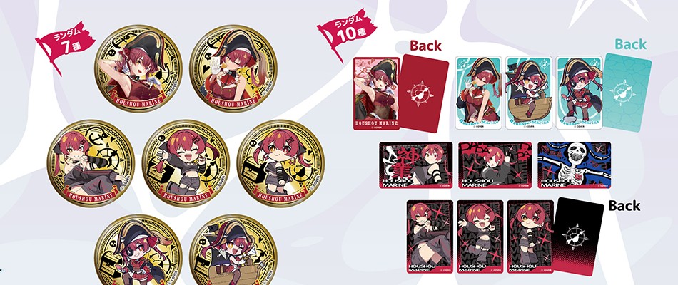 Seven round gold-rimmed Houshou Marine can badges beside a set of ten photo cards in pirate, chibi and streetwear designs