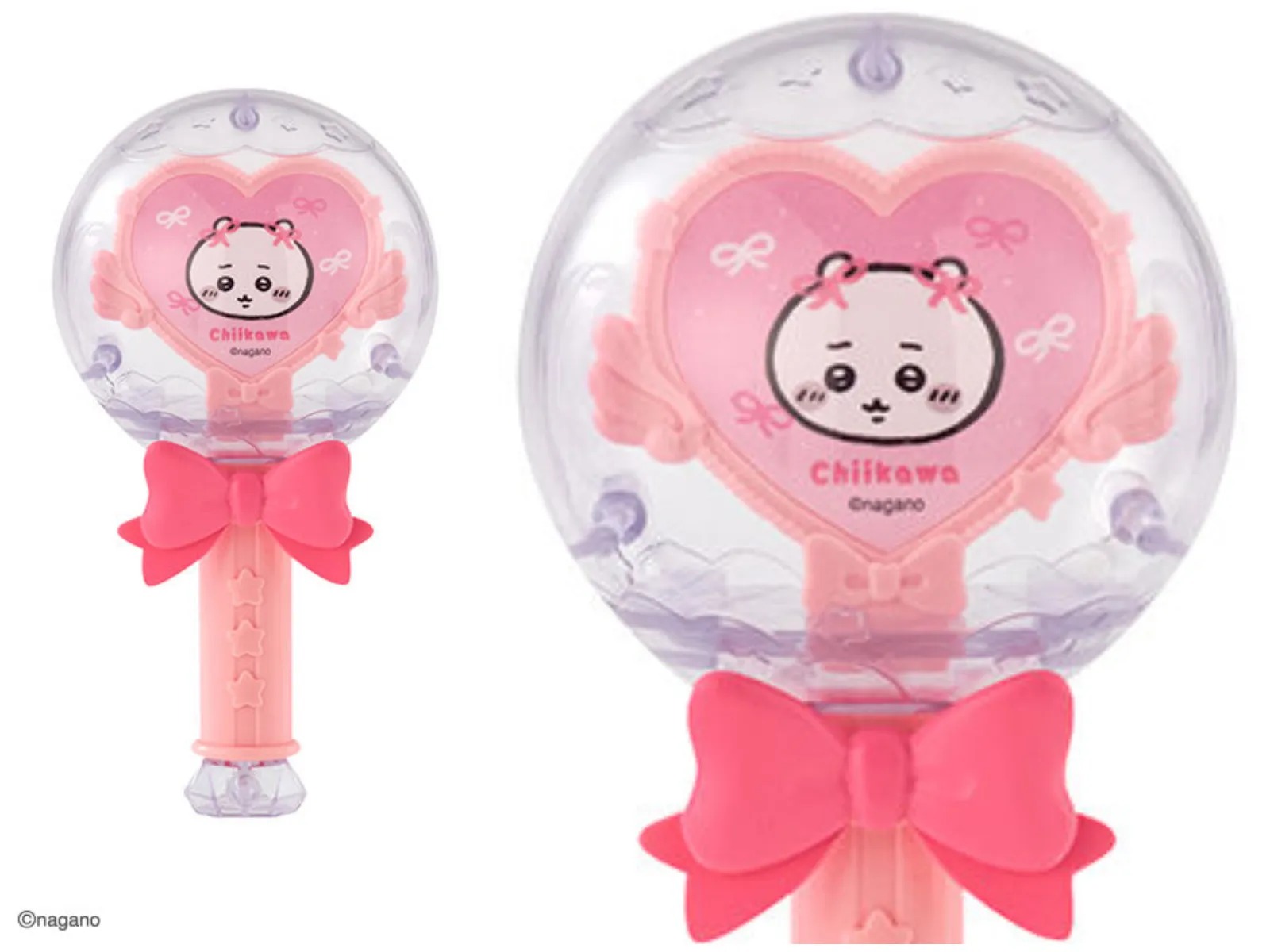 Pink Chiikawa Capsule Stick with a ribbon, a heart plate inside a clear dome and a star-patterned handle