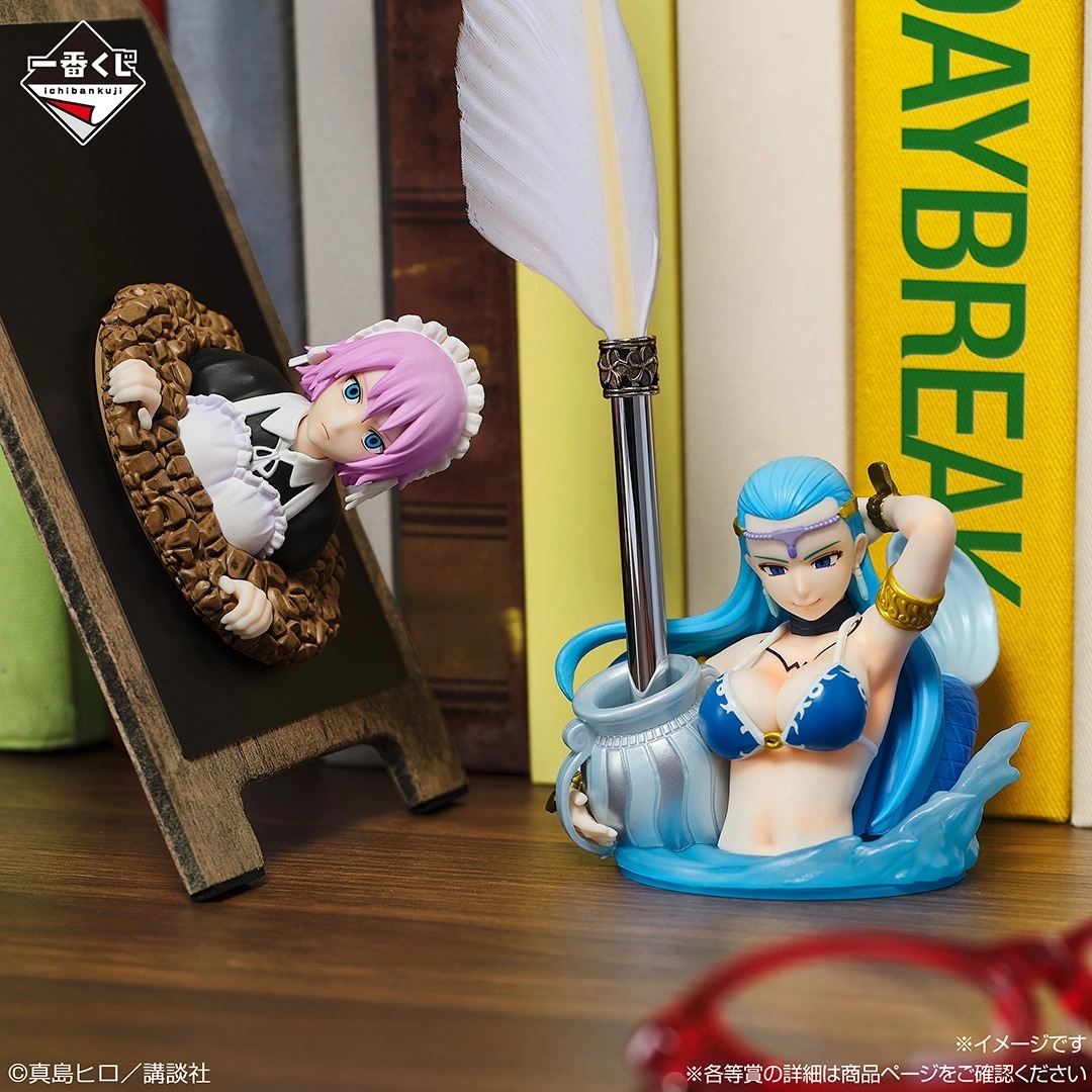 Ichiban Kuji Fairy Tail 20th Anniversary D prize Star Spirits desktop mascots of Virgo and Aquarius on a wooden desk