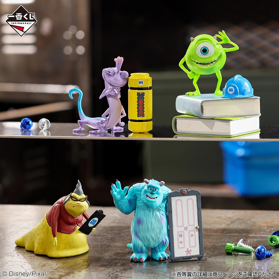 Four Ichiban Kuji Monsters, Inc. Displayful mini figures of Randall with a scream canister, Mike on a stack of books, Roz with a clipboard and Sulley beside a door