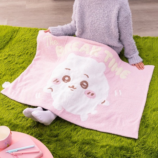 Soft pink Chiikawa fluffy lap blanket with a large Chiikawa face and The BREAK TIME lettering