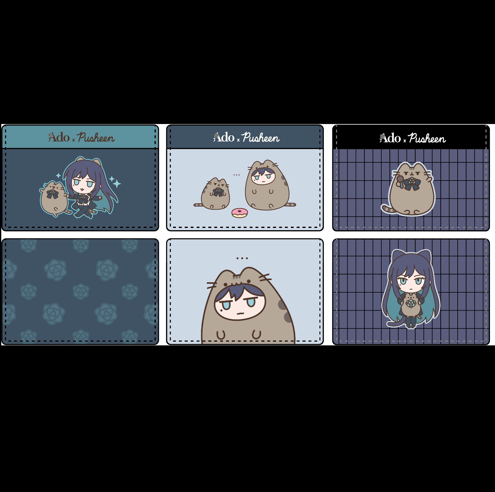 Six newly drawn Ado x Pusheen collaboration illustrations showing chibi Ado and Pusheen together
