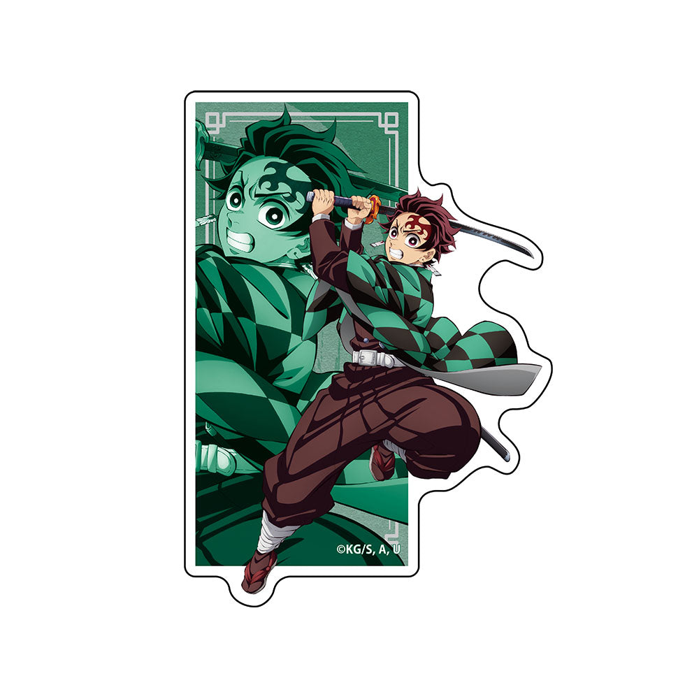 Anime Demon Slayer die-cut sticker of Tanjiro mid-swing with green portrait backdrop