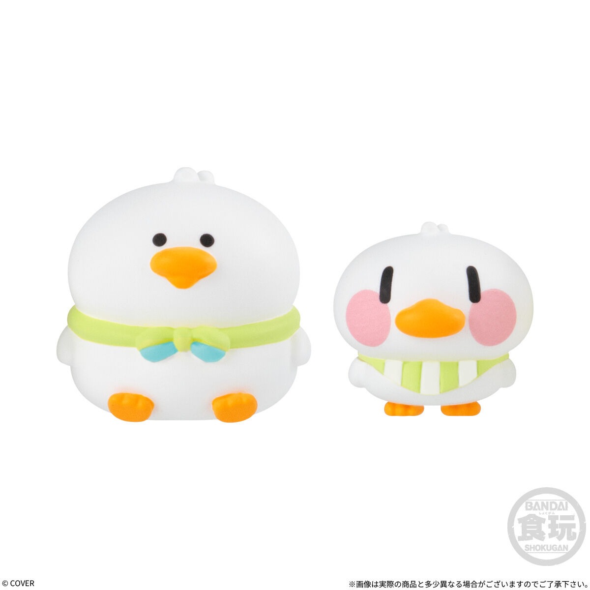 Two fan mascot figures from hololive Deformed Collection Vol.4, a larger round white bird and a smaller one, with green and blue accents
