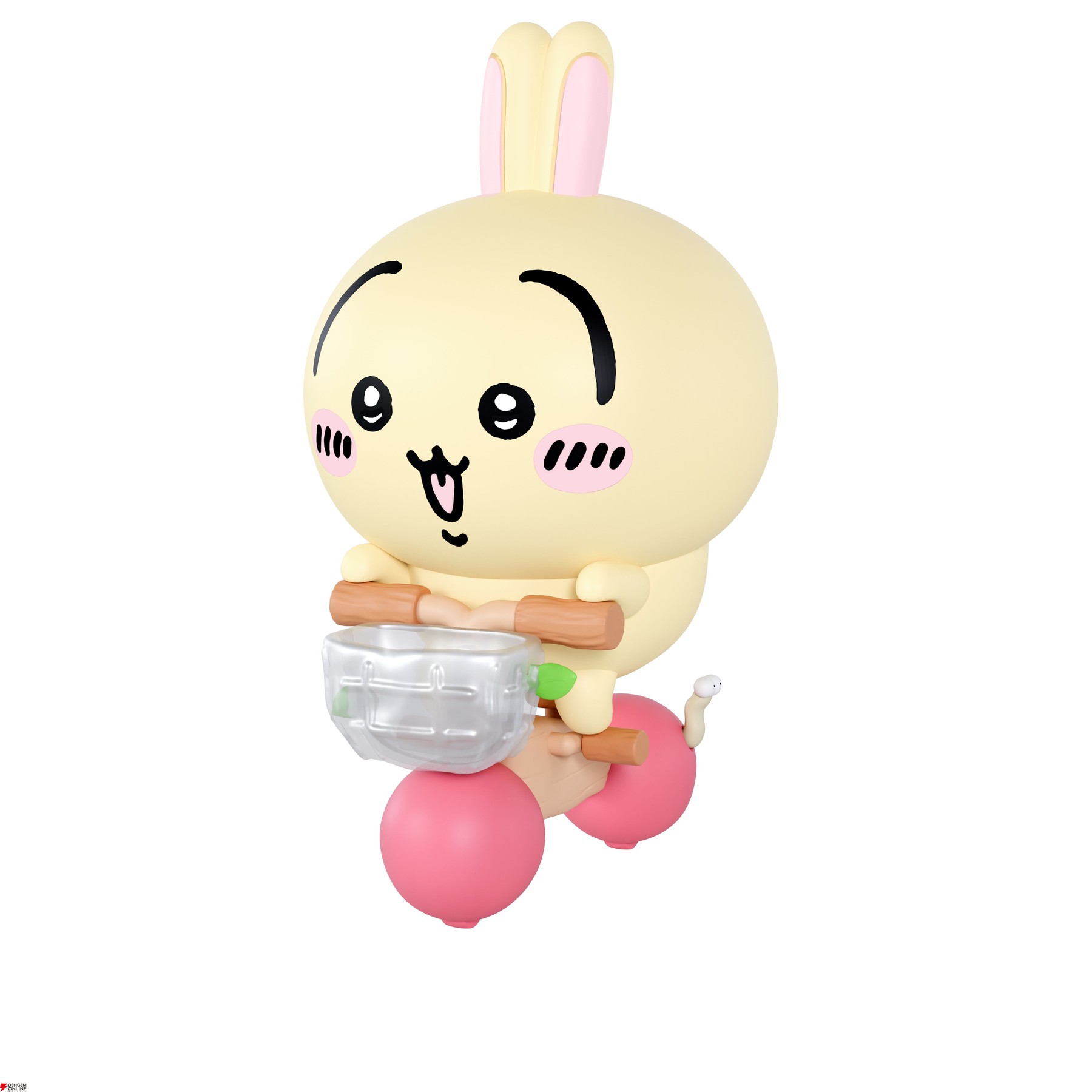 Chii-Pura Usagi and Bicycle plastic kit showing a pale yellow Usagi with upright ears on a bicycle with pink ball wheels and a clear basket