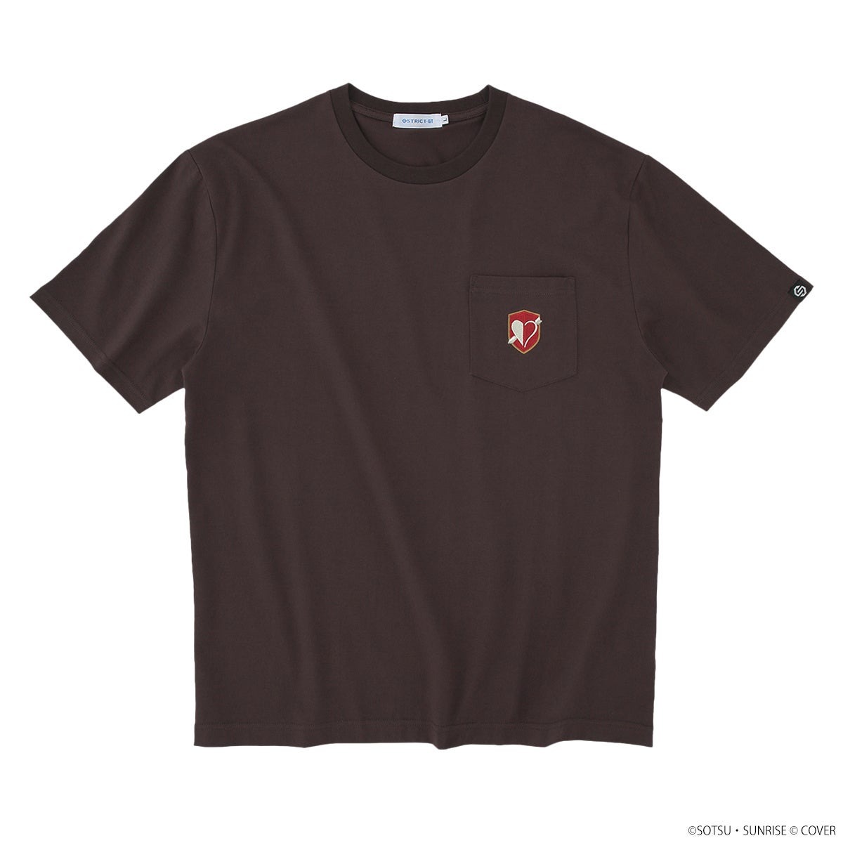 Dark brown pocket T-shirt with Houshou Marine's heart-and-arrow emblem embroidered on the pocket