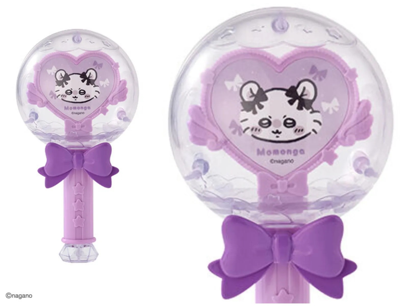 Purple Momonga Capsule Stick with a ribbon and a heart plate inside a clear dome