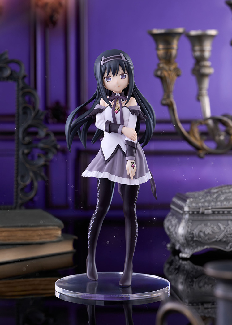 Akemi Homura non-scale figure standing on a clear round base in a dim purple room with candelabras and old books, wearing her new lilac and white magical girl outfit