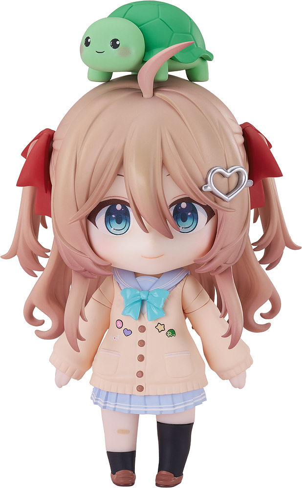 Nendoroid Neuro-sama front view on a white background, with a small green turtle Vedal on her head, red hair ribbons, a silver heart hair clip and a cream cardigan