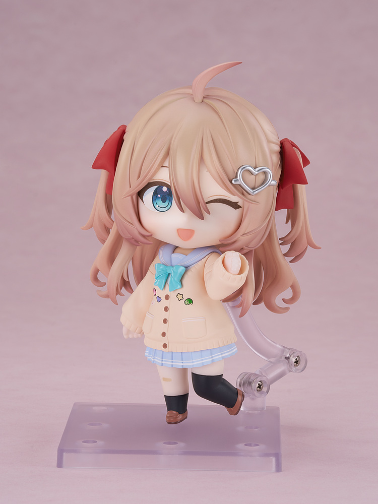 Nendoroid Neuro-sama winking with an open-mouthed smile, one fist raised and one leg kicked back, supported by the clear stand arm