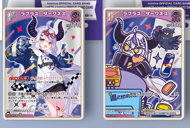 Two La+ Darknesss PR cards, one with La+ in a jacket and sunglasses holding a Red Bull can and one chibi design with her crow and a Red Bull can