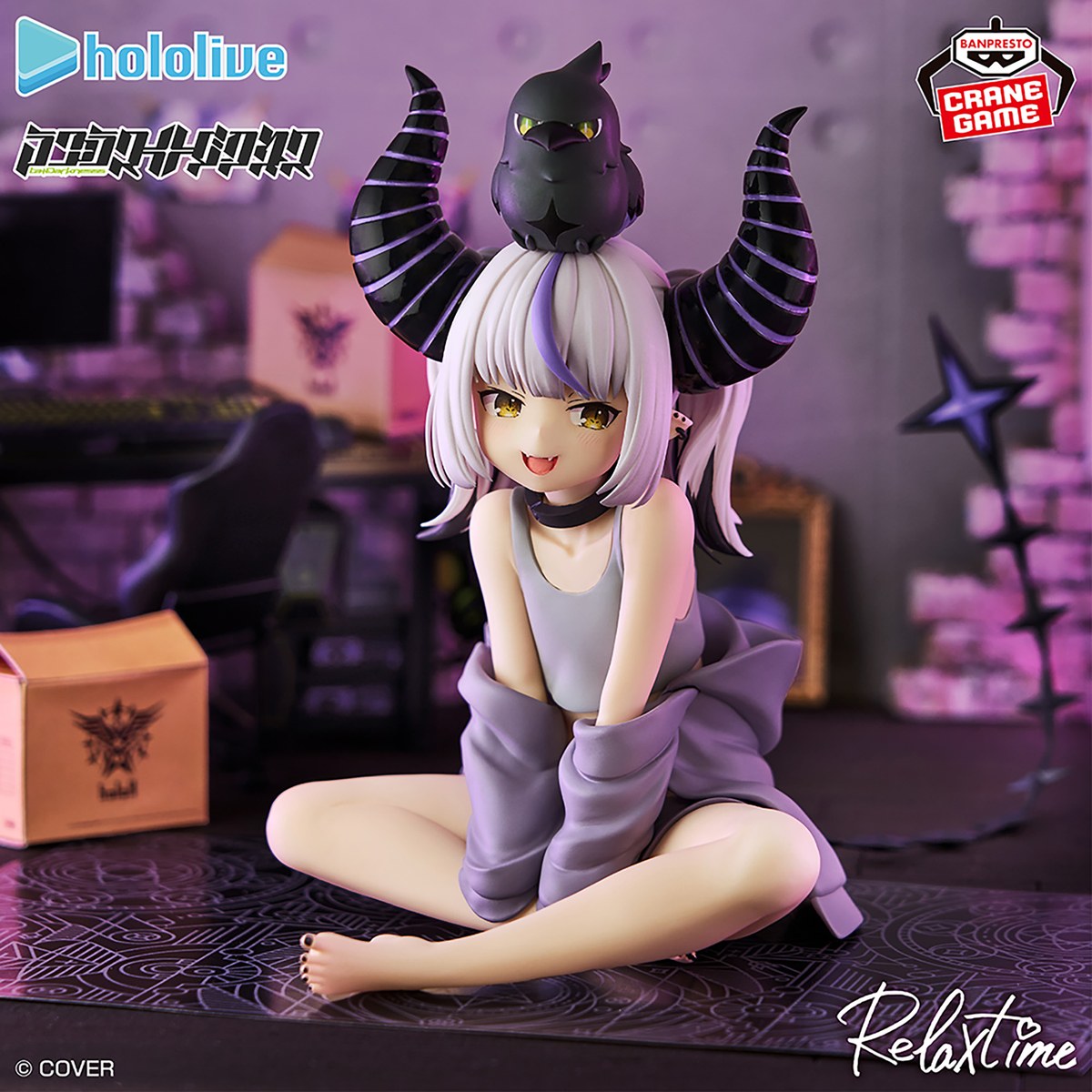 Banpresto #hololive IF Relax time La+ Darknesss figure sitting cross-legged with her crow, a separate Otaku Daily pre-order and not part of the Red Bull campaign