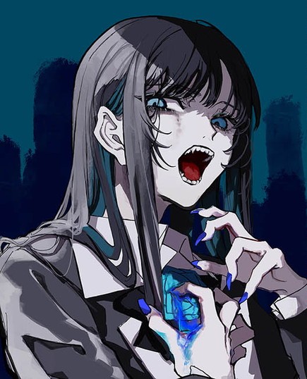 Official Ado artist illustration of a long-haired singer with sharp teeth and blue nails clutching a glowing blue flower