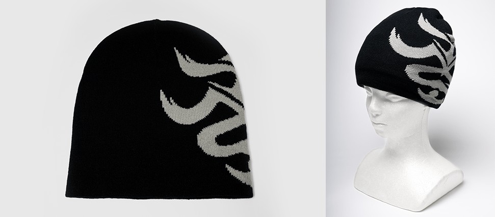 Black TMG logo beanie with a grey knitted logo, shown flat and on a white mannequin head