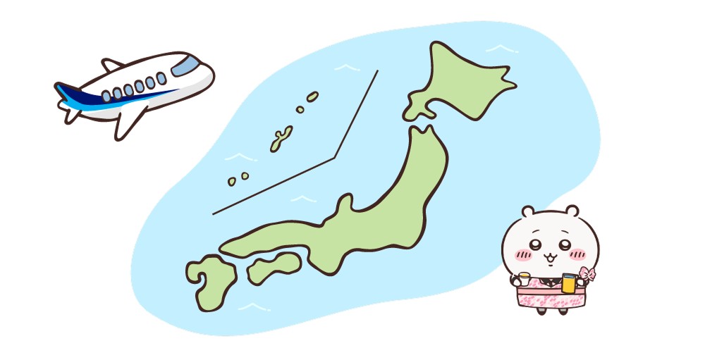 Illustration of an ANA plane flying over a map of Japan with Chiikawa in a pink cabin-crew outfit holding drinks