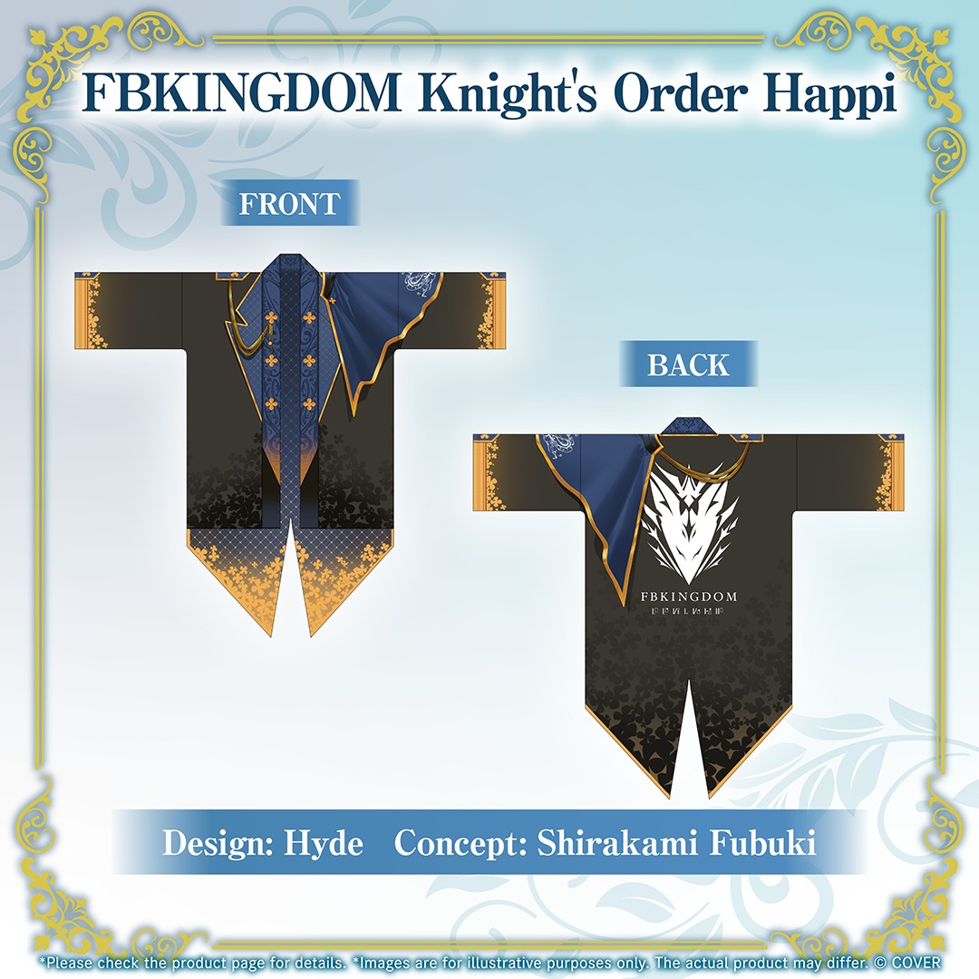 Front and back of the black, navy and gold FBKINGDOM Knight&rsquo;s Order happi with a white kingdom crest on the back