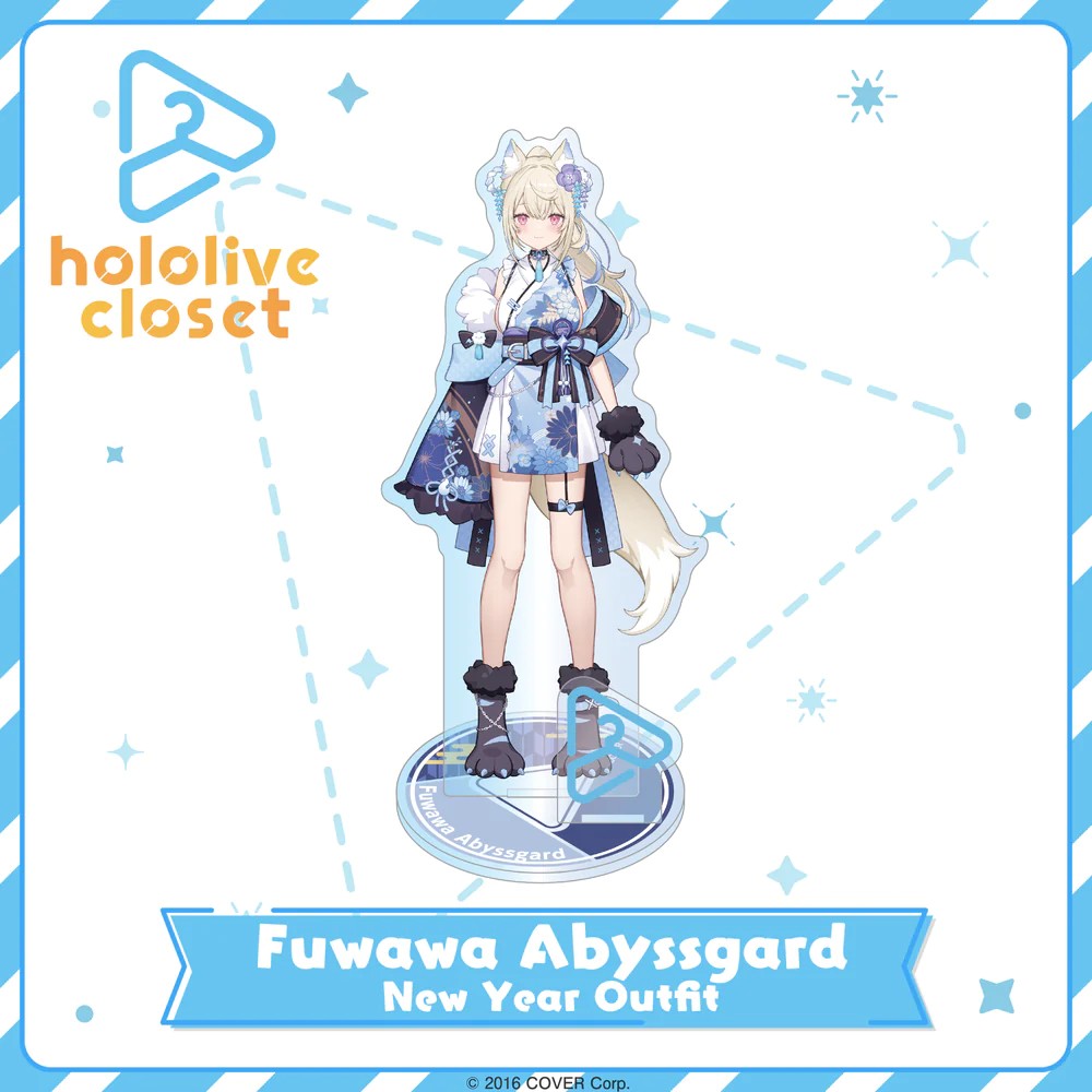 hololive closet acrylic stand of Fuwawa Abyssgard in a blue floral New Year outfit with fluffy paw gloves