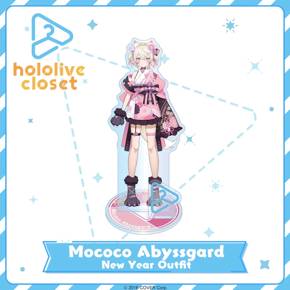hololive closet acrylic stand of Mococo Abyssgard in a pink floral New Year outfit with fluffy paw gloves