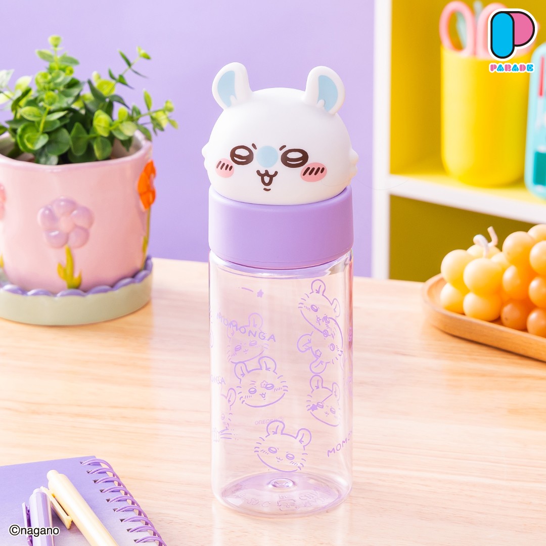 Momonga face bottle with a white Momonga head lid with pale blue ears, a lilac band and lilac Momonga doodles on the clear bottle