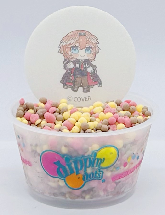 A cup of pink, yellow and brown Dippin' Dots ice cream topped with a round badge showing a chibi Takane Lui