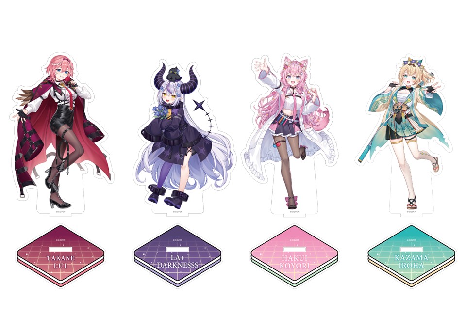 Four acrylic stands of Takane Lui, La+ Darknesss, Hakui Koyori and Kazama Iroha in their SHINY PARTY outfits, each on a coloured name base