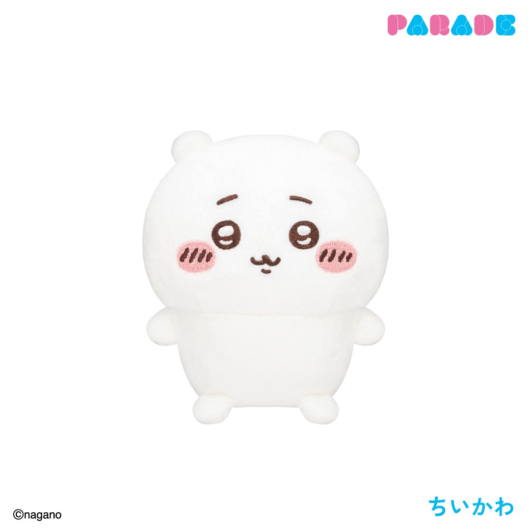 Chiikawa sitting plush in soft white fabric with pink cheeks and a small smile, sitting upright on a white background