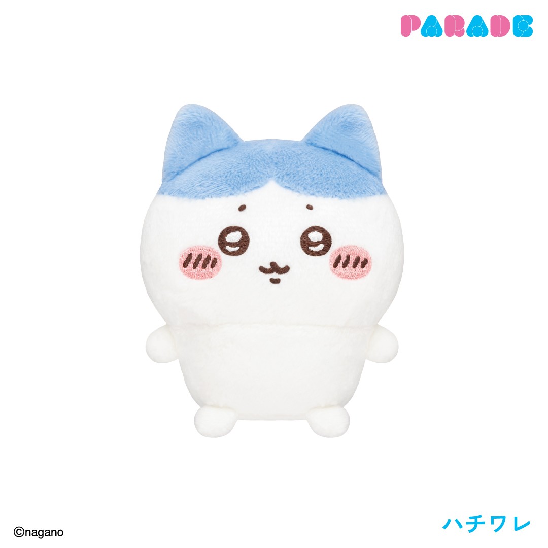 Hachiware sitting plush with blue and white head markings, pointed ears and pink cheeks on a white background