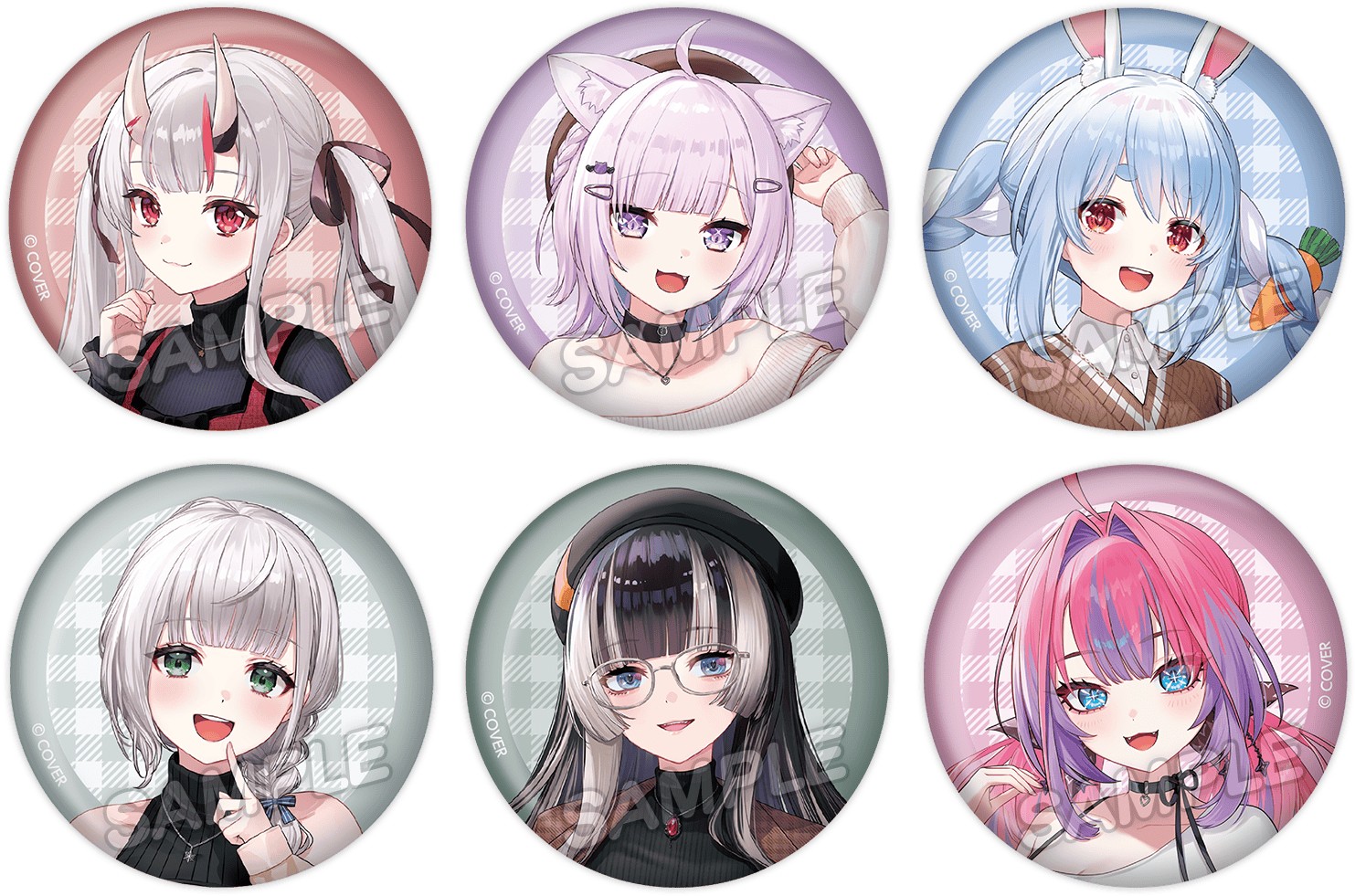 Six round can badges with the autumn outing art of Ayame, Okayu, Pekora, Noel, Raden and Vivi