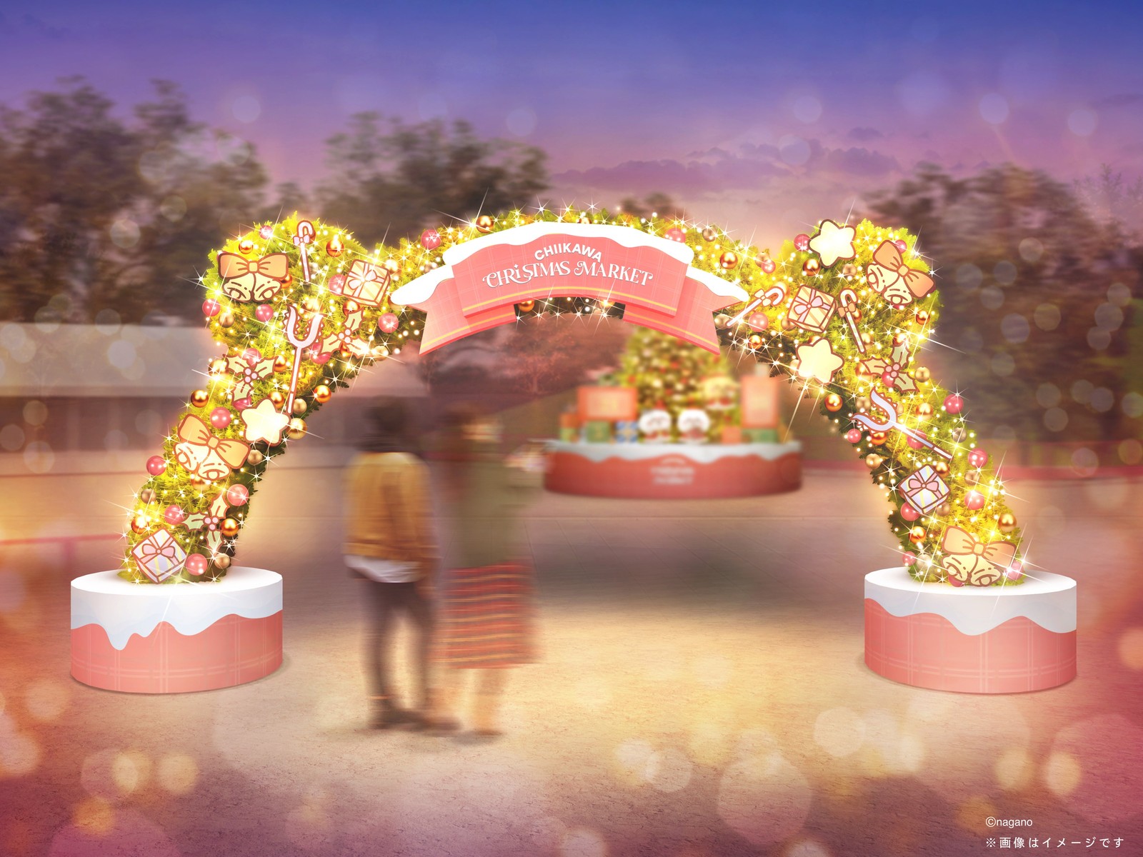 Render of the Chiikawa Christmas Market entrance arch decorated with yellow and pink flowers and Christmas ornaments