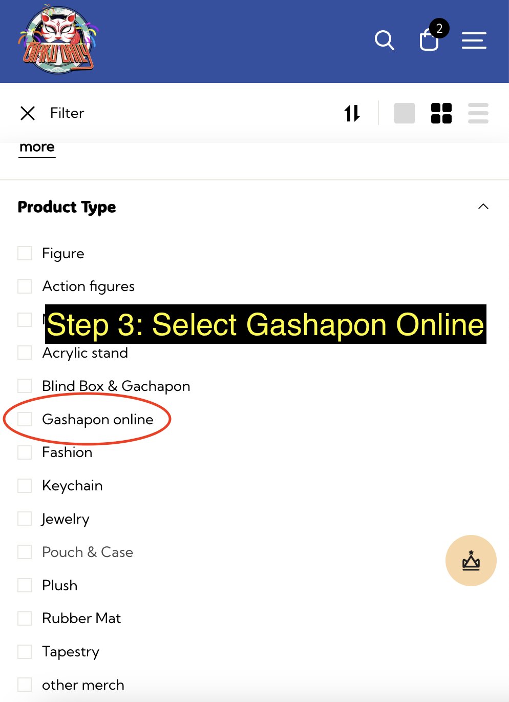 Otaku Daily filter panel with Product Type open and the Gashapon online option highlighted