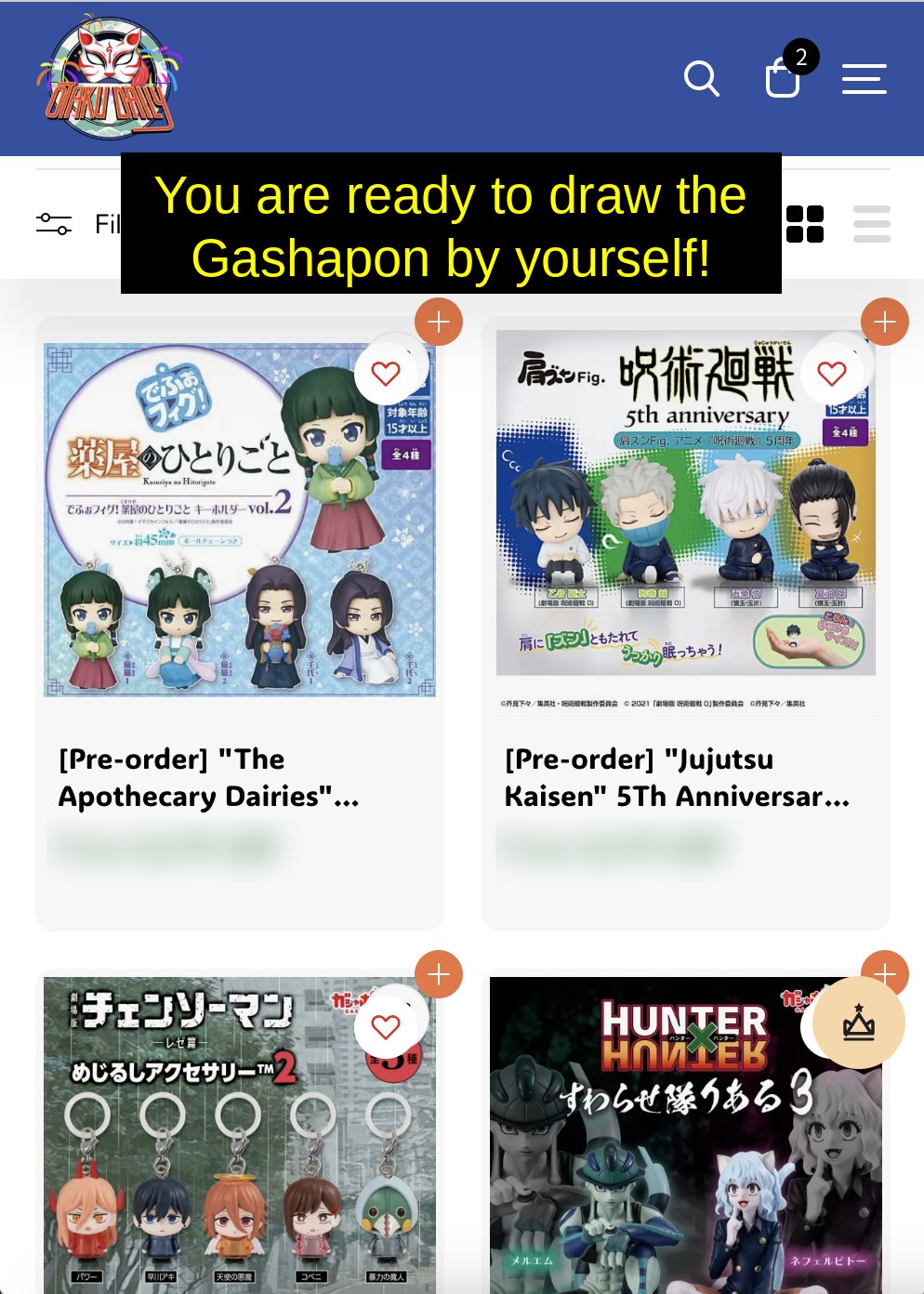 Otaku Daily Gashapon Online product grid showing capsule toy series ready to draw yourself