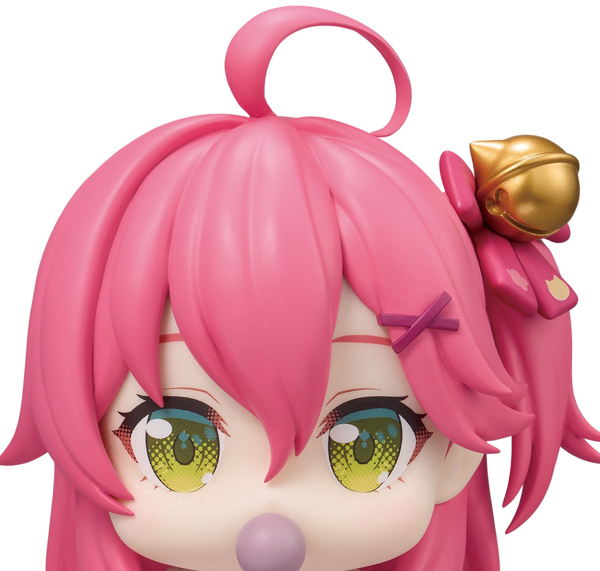 Close-up of Holobabies Sakura Miko's face showing the loop ahoge, gold bell hair ornament, X-shaped hair clip and green eyes