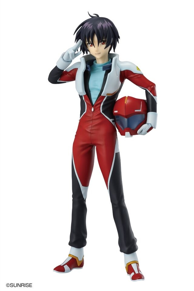 A Prize Shinn Asuka MASTERLISE figure in a red pilot suit saluting while holding a helmet