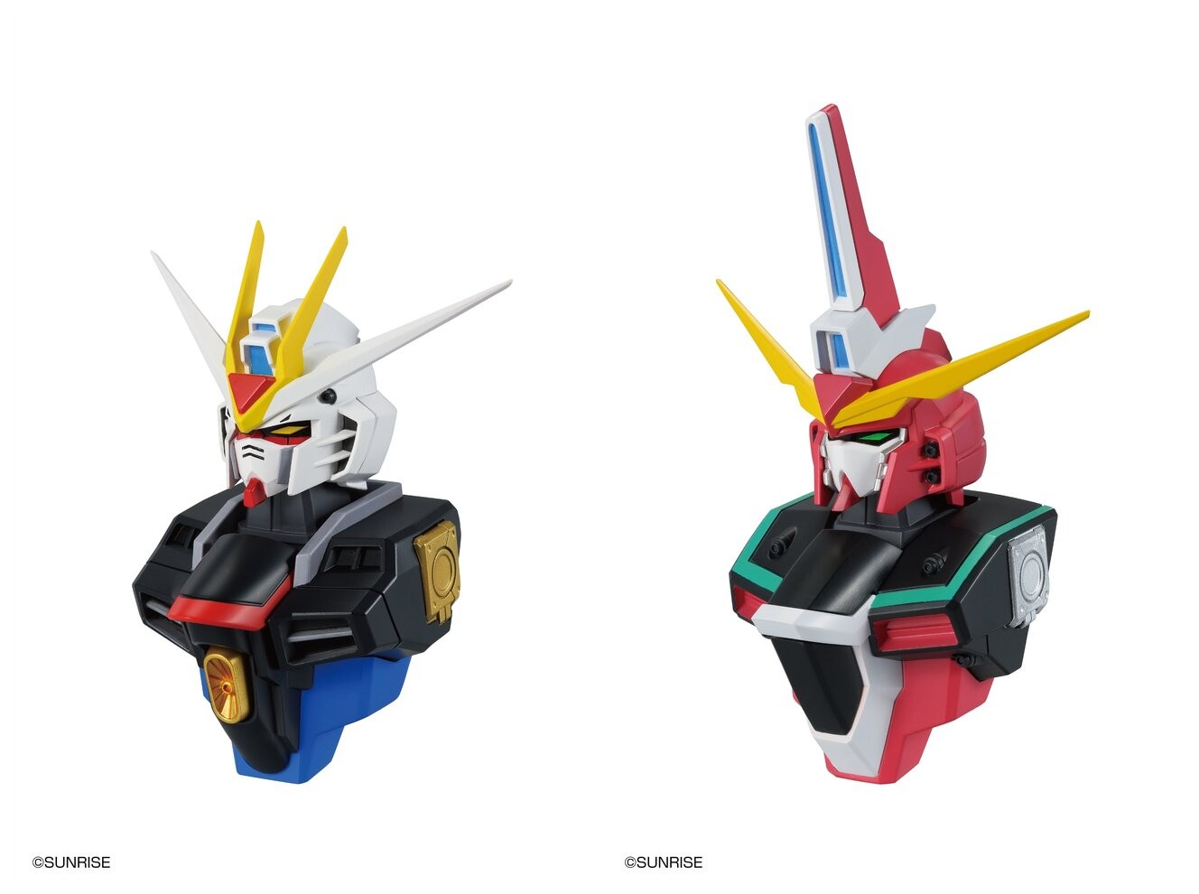 E Prize MS head magnets showing Strike Freedom Gundam and Infinite Justice Gundam busts side by side