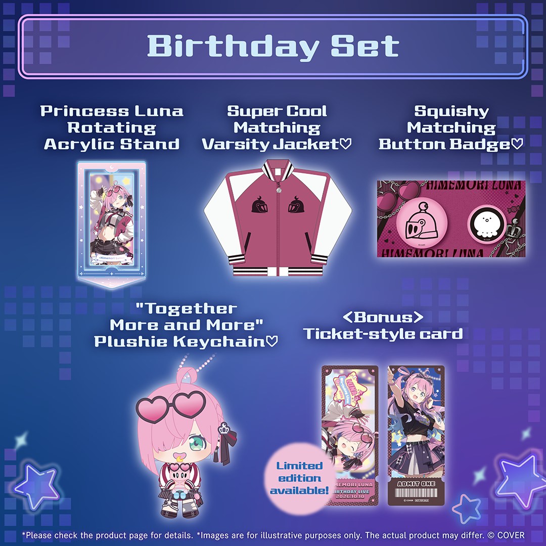 Luna Birthday 2026 set overview showing acrylic stand jacket badge plush and ticket card