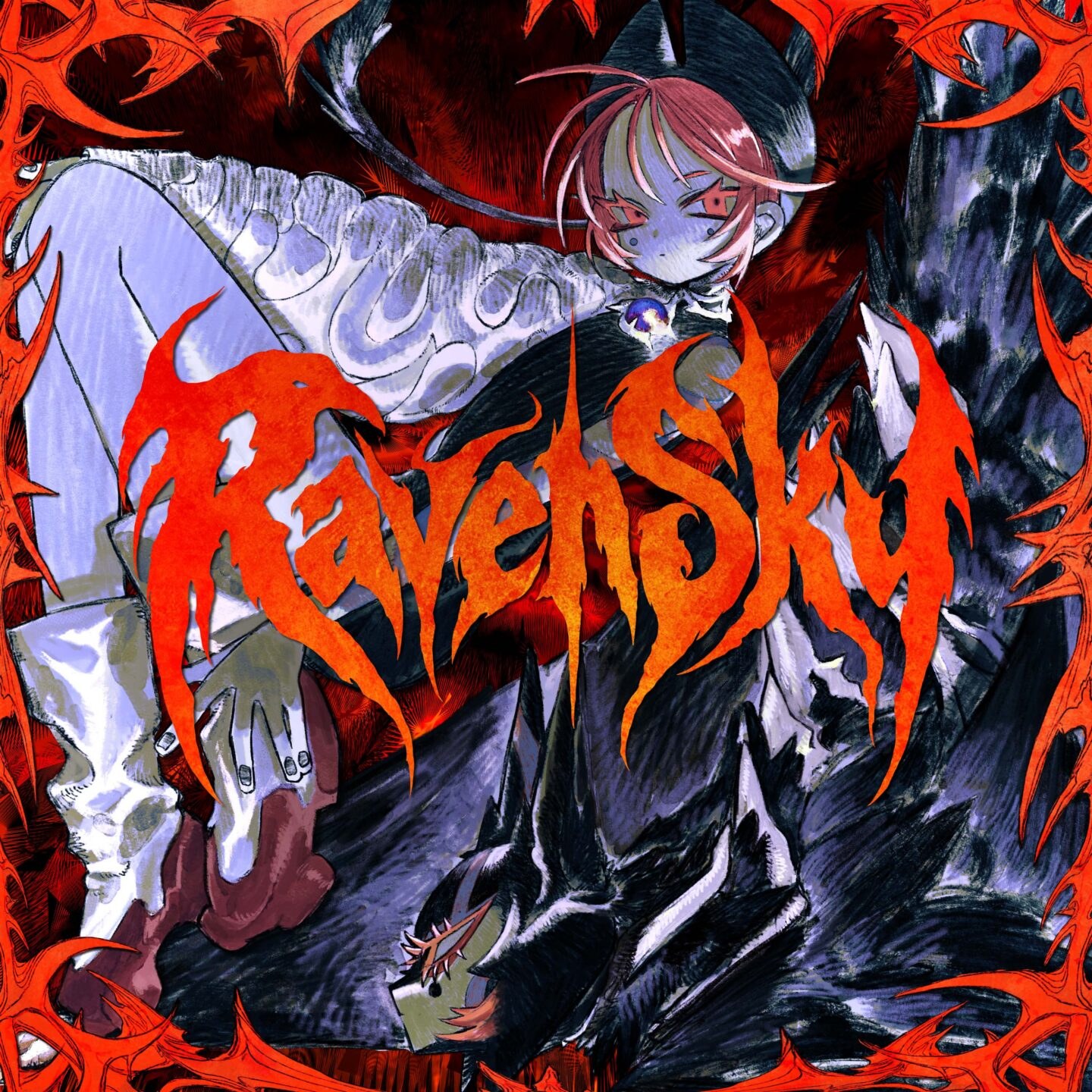 Ado Raven Sky single jacket art by PODO with red flame lettering and a crow