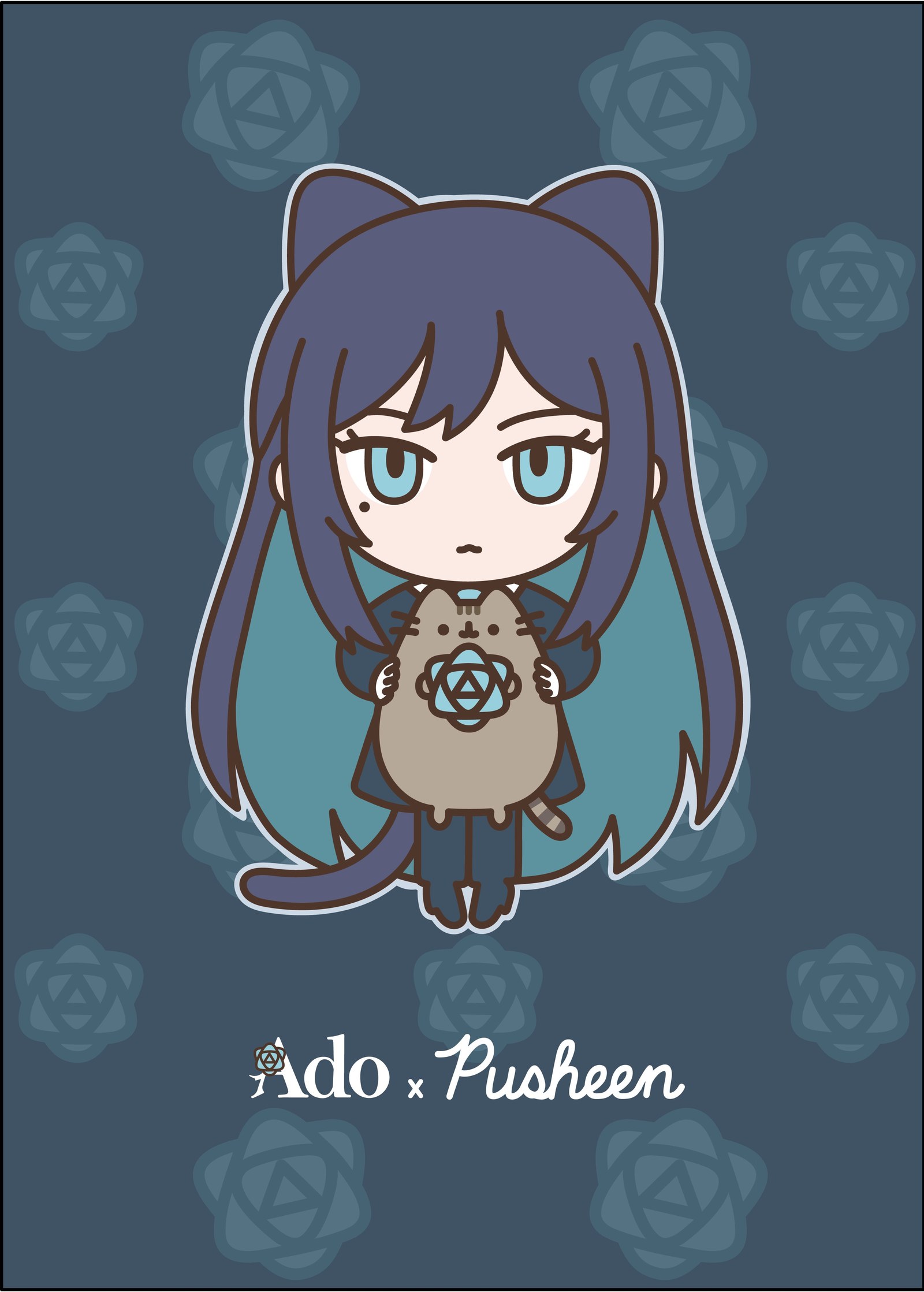 Ado x Pusheen collaboration visual with chibi Ado holding Pusheen on a navy rose background