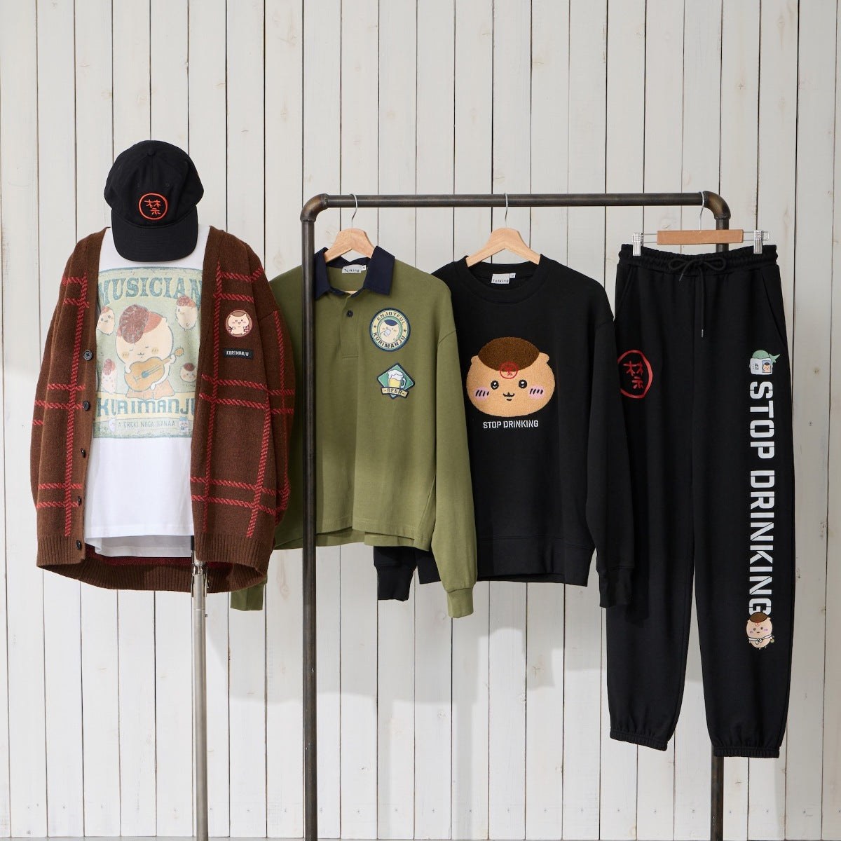 Chiikawa Kurimanju Alcohol-Free STOP DRINKING apparel sweatshirt sweatpants cap and rugby shirt on a rail