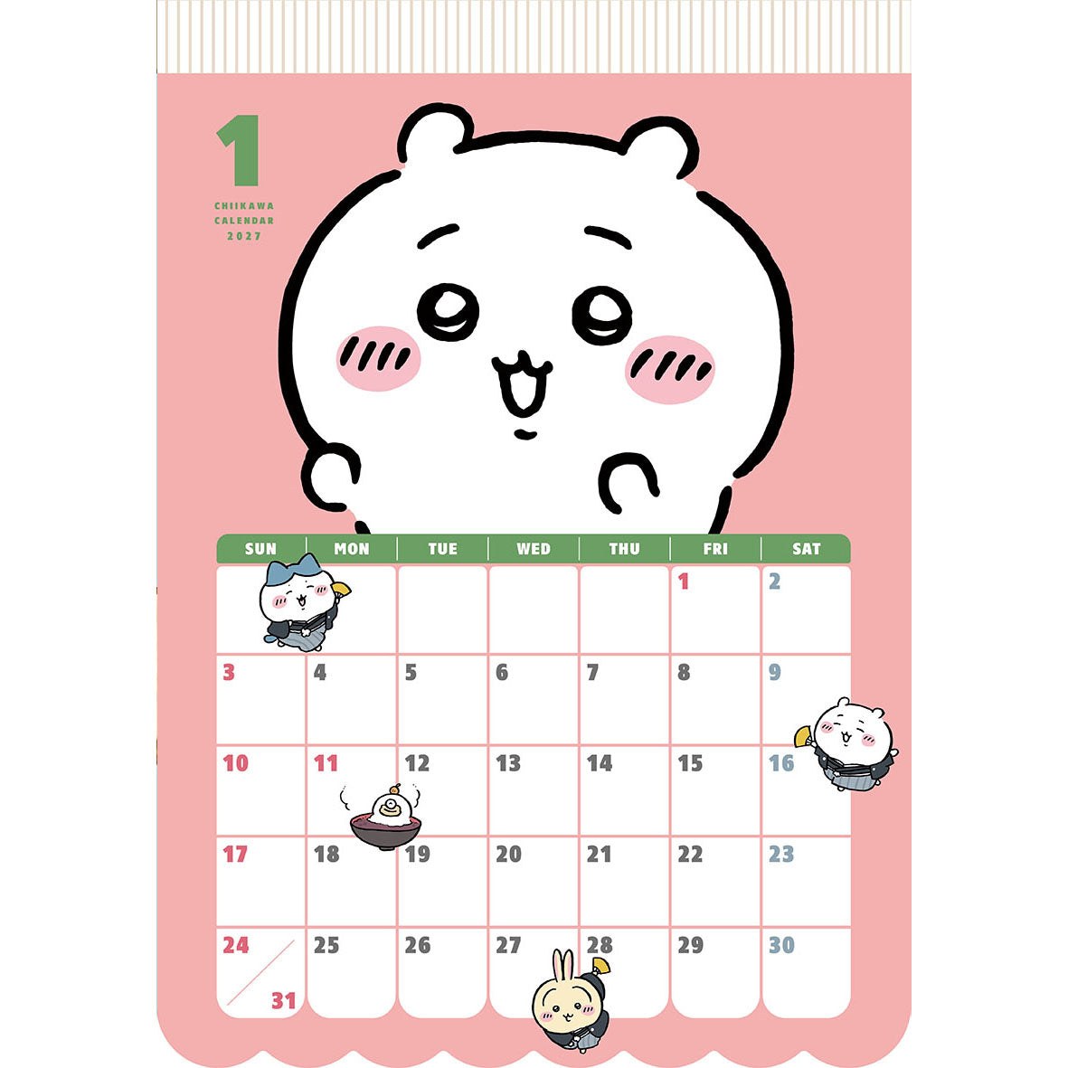 Chiikawa Calendar 2027 January page with a big smiling Chiikawa face and scalloped die-cut edge