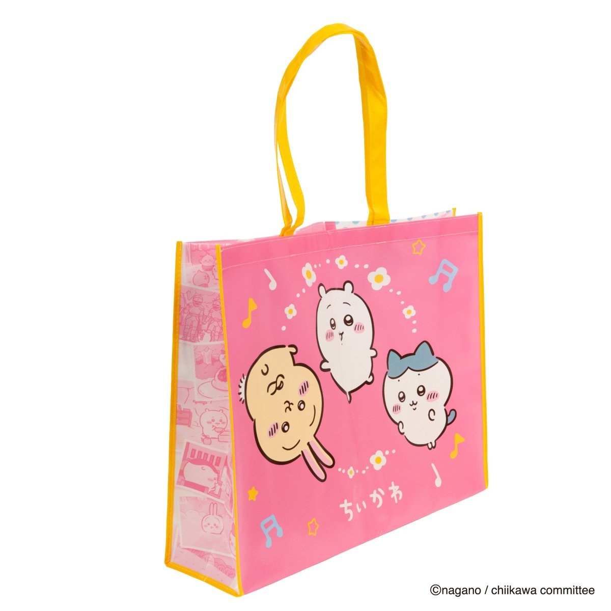 Pink Chiikawa eco bag with yellow handles showing Chiikawa Hachiware and Usagi