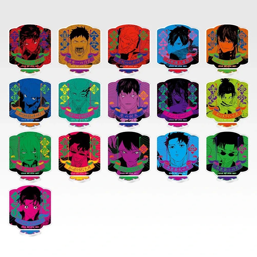 Ichiban Kuji Kagurabachi G Prize acrylic stands in 16 bold colour character designs